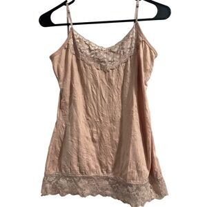Y2K Pale Pink Lace Trim Crinkle Cami Spaghetti Strap Tank Top Womens Medium